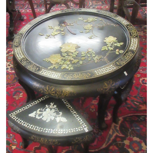 509 - Chinese lacquered mother of pearl inlaid nest of 5 tables - the top decorated with flowers and birds... 