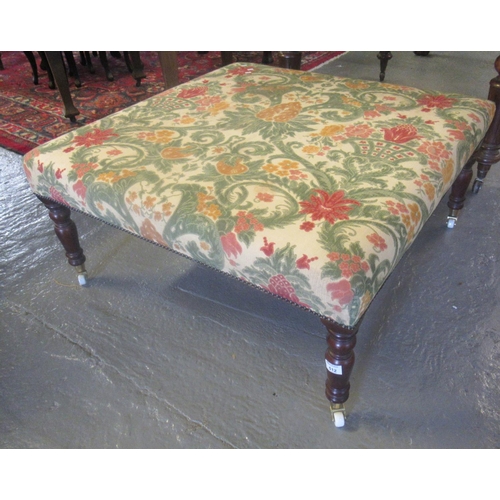 512 - Victorian style mahogany foot-stool of square form having flora and foliate upholstery 97cm x 90cm x... 