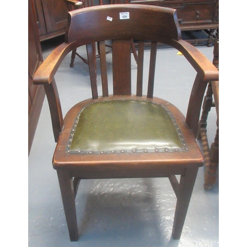 524 - Early 20th century oak office type elbow chair with slatted back, open arms and padded seat.
(B.P. 2... 