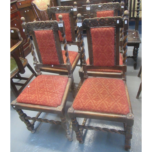 525 - Set of four early 20th century oak Jacobean style barley twist dining chairs with padded backs and s... 