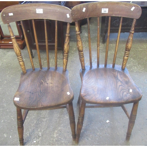 526 - Pair of 19th century beech, ash and elm stick back kitchen chairs. (2)
(B.P. 21% + VAT)