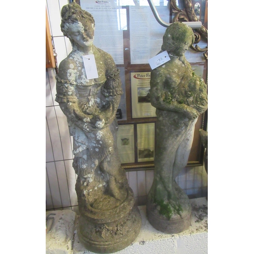 551 - 2 similar weathered composition garden figures - girl with flowers and girl with dove.  approx. 84cm... 