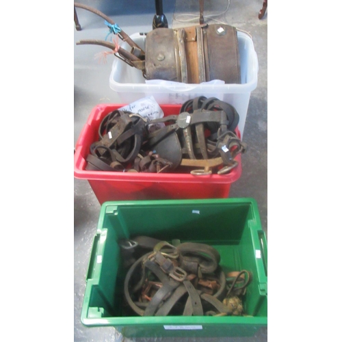 566 - Three crates of vintage working horse harness including bridles, back pad, hames, etc.
(B.P. 21% + V... 