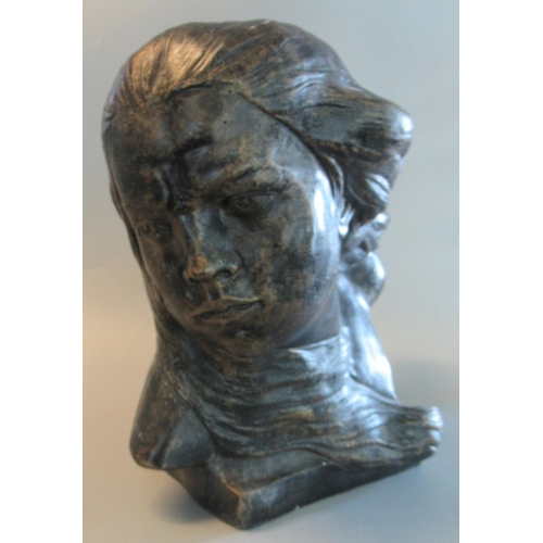 65 - Art nouveau design bronzed composition portrait sculptural bust of a young girl 'Spirit of the Wind'... 