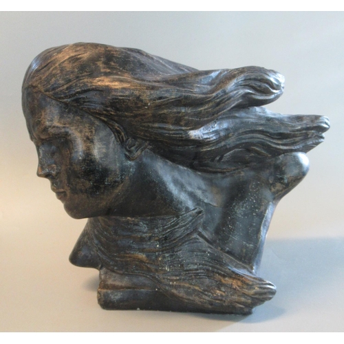 65 - Art nouveau design bronzed composition portrait sculptural bust of a young girl 'Spirit of the Wind'... 