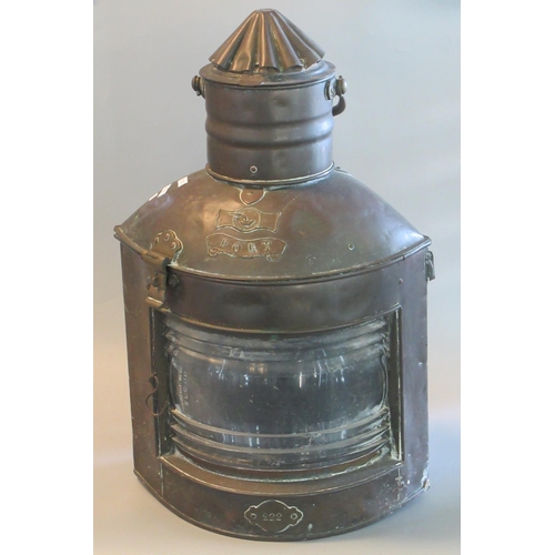 66 - Brass and copper ships portside lantern with clear glass lens marked 222. 58cm high approx.
(B.P. 21... 