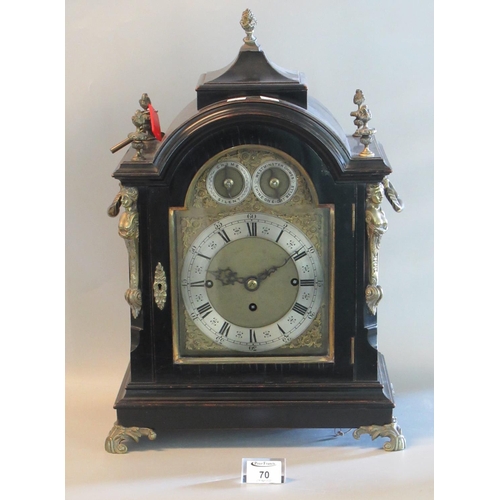 70 - 19th century three train ebonised bracket clock, the case with urn finials and term mounts, loop han... 