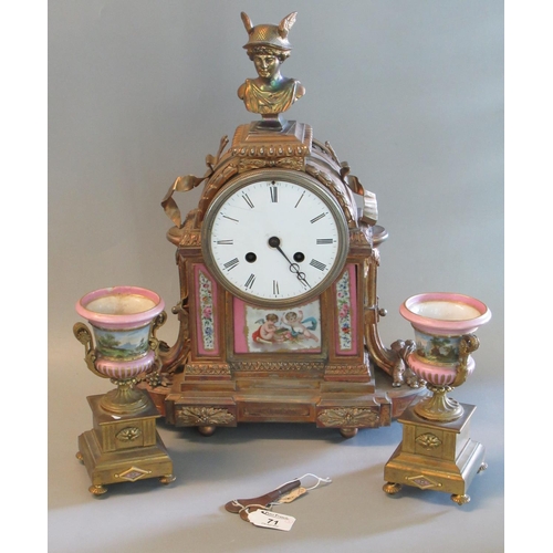 71 - 19th century French ormulu two train clock garniture, the arch case surmounted by a bust of Achilles... 