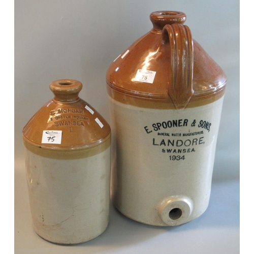 75 - E Spooner & sons. of Landore, Swansea large stoneware flagon, together with a smaller flagon lacking... 