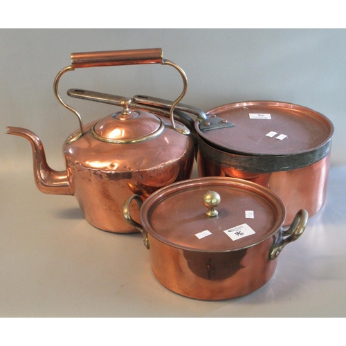 76 - Collection of copper and brass to include jug, muller two handled preserving pan, iron handle sauce ... 