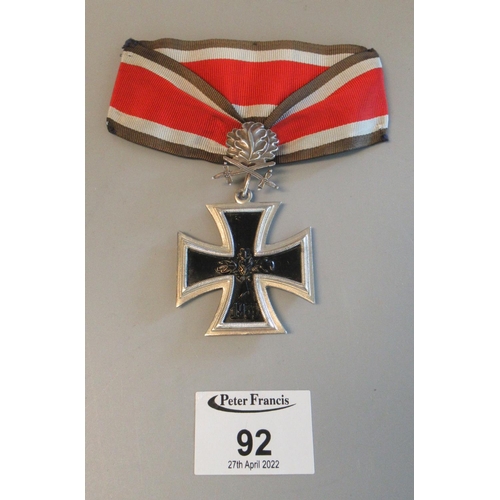 92 - German Knights Cross of the Iron Cross with oak leaves and swords 1957 redesign, cross marked 800. O... 