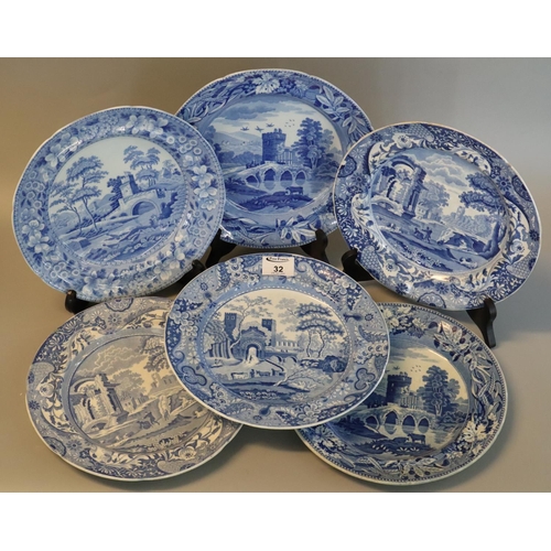 108 - Collection of 19th c Spode blue and white transfer printed plates of differing designs including cas... 