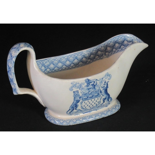 110 - 19thc Spode china blue and white transfer printed sauce boat with armorial decoration, Skinner & Com... 