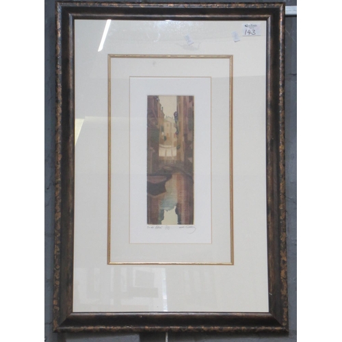 141 - Italian School indistinctly signed, Venetian Canal Scenes, A Pair - Sepia Etchings.  27cmx9.5cm Appr... 