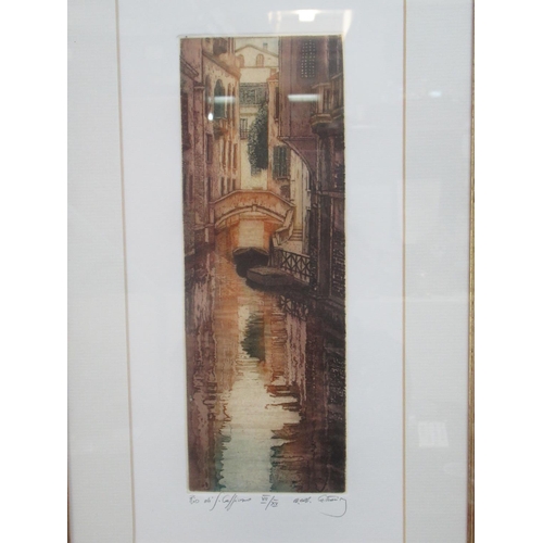 141 - Italian School indistinctly signed, Venetian Canal Scenes, A Pair - Sepia Etchings.  27cmx9.5cm Appr... 