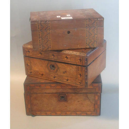 101 - Three Victorian walnut Tunbridge banded work boxes. (3)
(B. P. 21% + VAT)