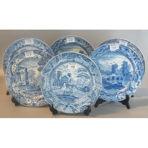 108 - Collection of 19th c Spode blue and white transfer printed plates of differing designs including cas... 