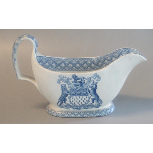 110 - 19thc Spode china blue and white transfer printed sauce boat with armorial decoration, Skinner & Com... 