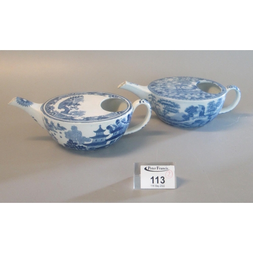 113 - Two similar 19thc Spode china blue and white transfer printed feeding cups, one in Queen Charlotte d... 