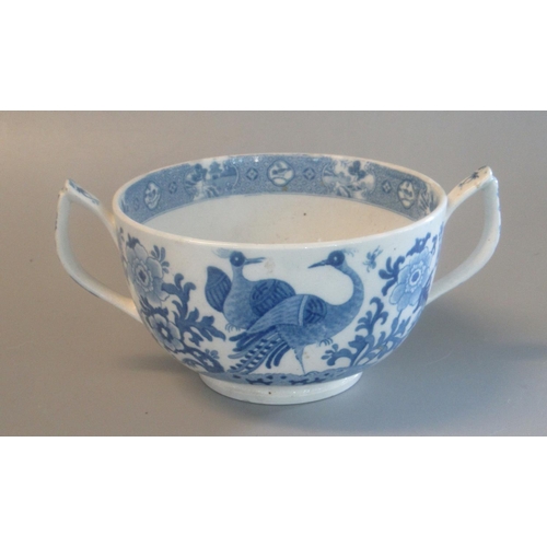 115 - 19thc Spode china two-handled bowl decorated in under glaze blue with Oriental cranes and flowers. A... 