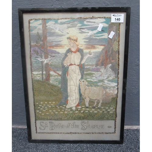 140 - Silk needle point portrait study 'S T. Bride of the Shores'. 44 x 31cm approx. Framed and glazed.
(B... 