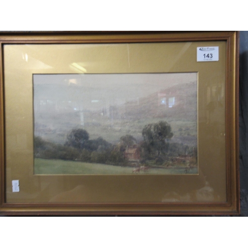 143 - Monogram J.P (British school, early 20th century), farm stead in a landscape, watercolours. 19 x 30c... 