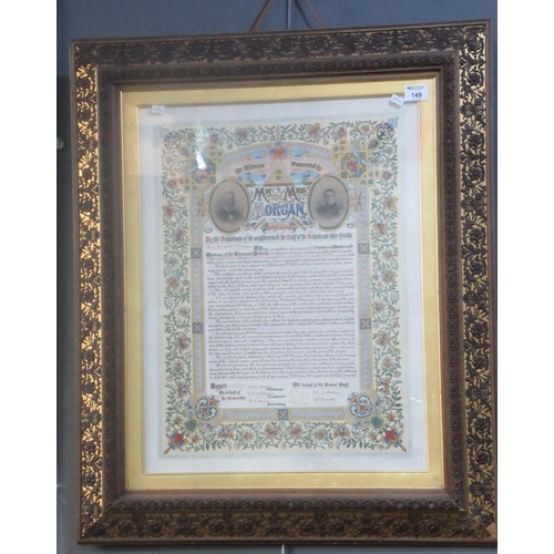 149 - Good quality highlighted and hand written address presented to Mr & Mrs Morgan of the Board Schools,... 