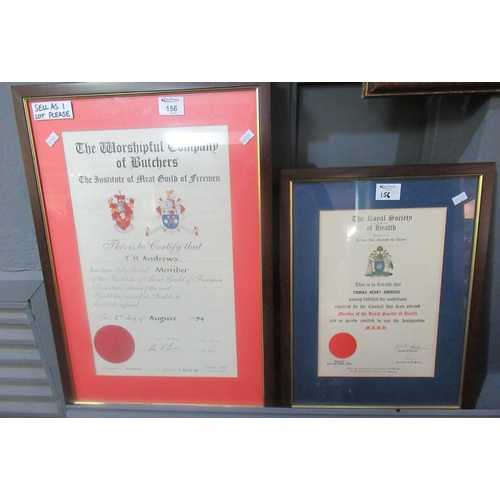 156 - Two framed certificates 'The Worshipful Company of Butchers' and 'The Royal Society for the Promotio... 