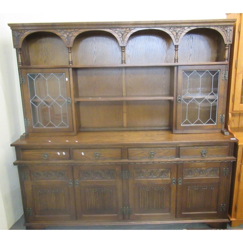 492 - Mid century oak old charm style astragal glazed cabinet back dresser.   (B.P. 21% + VAT)