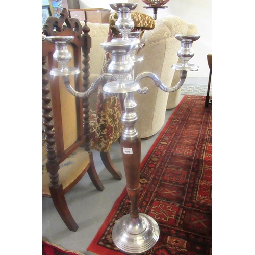 499 - Chrome finish floor 5 section candelabra on wooden pedestal and chrome base.   (B.P. 21% + VAT)