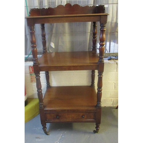 524 - Victorian mahogany 3 tier whatnot with under drawer of square form standing on turned legs and casto... 