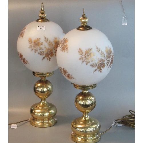 79 - Pair of modern oil lamp style brass electric table lamps with glass floral shades. 60cm high approx.... 