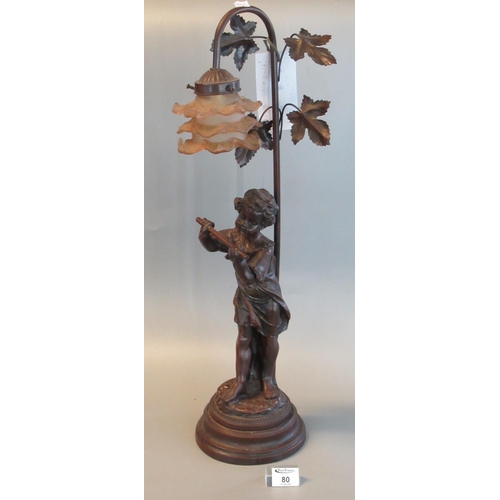 80 - Art nouveau design bronzed figural table lamp decorated with young flute playing girl, having glass ... 