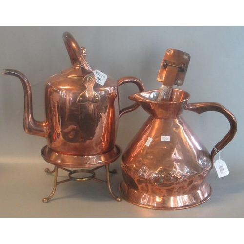 95 - Copper and brass kettle, a copper conical measure, a burner stand, and a brass spitjack bracket. (4)... 