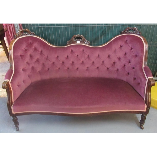 524 - Victorian mahogany show frame double ended conversation couch with scroll cresting, buttoned upholst... 