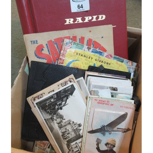 64 - All world selection of stamps in three old albums and a small bundle of postcards.  (B.P. 21% + VAT)