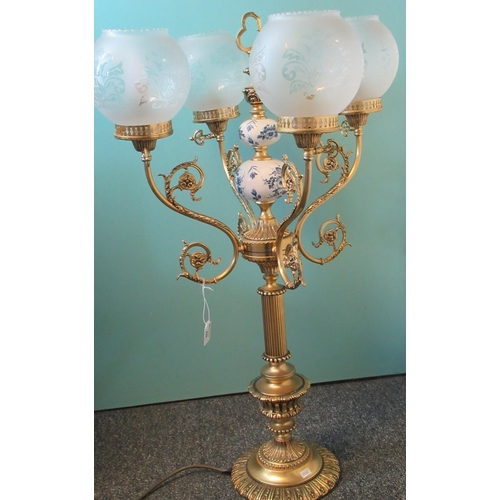 69 - Modern gilded four branch candelabrum design table lamp with etched glass shades. 85cm high approx.
... 