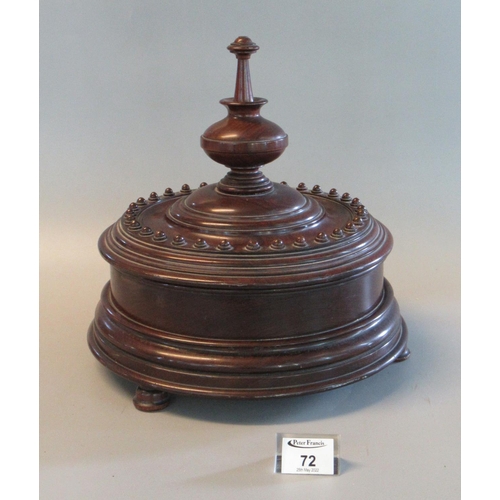 72 - 19th century treen moulded mahogany circular bowl and cover with baluster finial, removable to revea... 