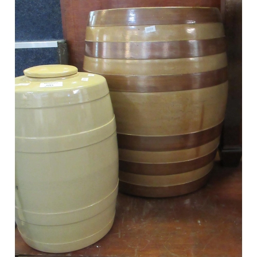 80 - Large earthenware barrel and another ceramic barrel with lid labelled 'WINE'. The largest 47cm high ... 