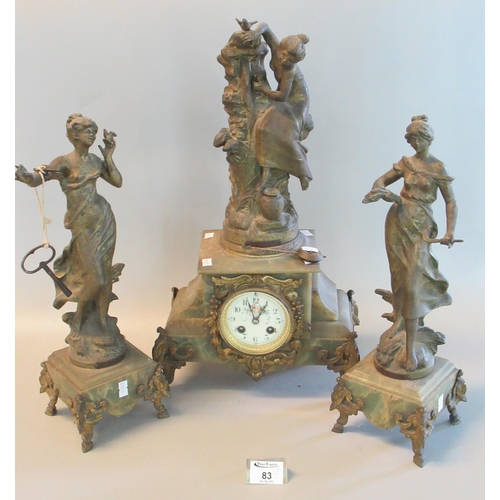 83 - Late 19th century French spelter & green marble figural clock garniture. 50cm high approx. (3)
(B.P.... 