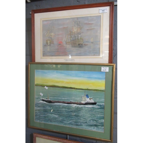 103 - Robin Jarvis (20th century), study of a cargo ship 'Rudderman', 34 x 45cm approx. Together with a pa... 