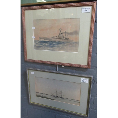 104 - E. M. study of a British battle cruiser, signed with initials, dated '51, watercolours. Together wit... 