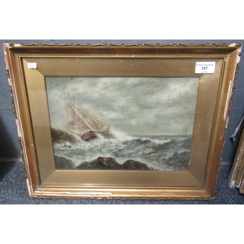 107 - F Tickell sailing vessel being driven aground in a storm, signed and dated 1915, oils on board. 27 x... 