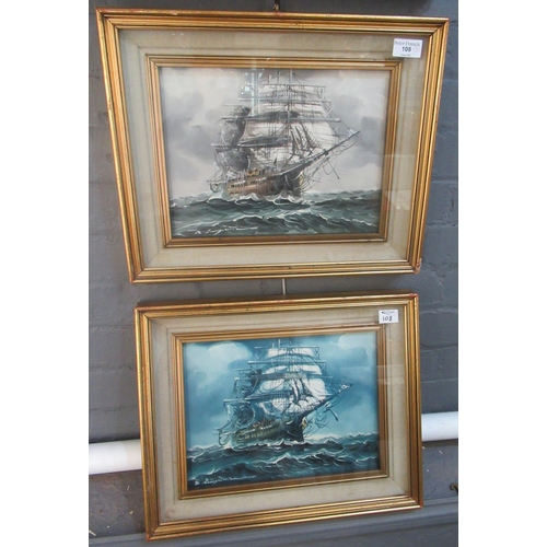 108 - R. Livingston (20th century), Clippers under full sail, a pair, signed, oils on board. 28 x 38cm app... 