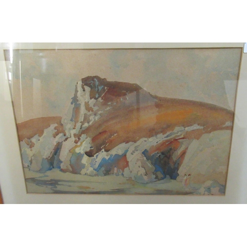 109 - British school, manner of Will Roberts, figures on a beach below headland, watercolours, 32 x 45cm a... 