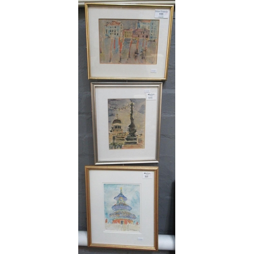 111 - Arthur Giardelli, three small watercolours to include 'Temple of Heaven, Peking', 'The Lagoon, Venic... 