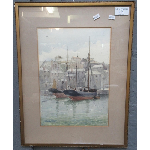 114 - AEWS (early 20th century British), harbour scene with fishing boats, signed, watercolours. 35 x 25cm... 