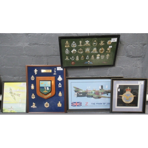 119 - Group of RAF and other militaria items to include watercolour study of a Spitfire, tapestry of a Lan... 