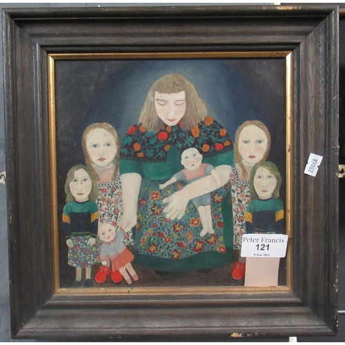 121 - Kate Lynch (British 20th century), 'Mother, Daughters, and Dolls', oils on board. 24 x 24cm approx. ... 