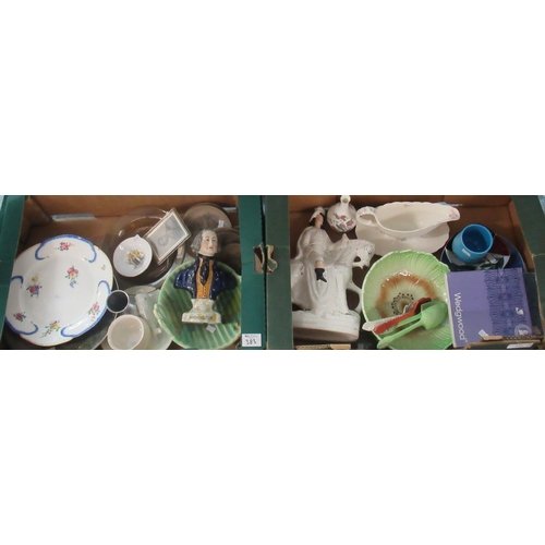 383 - Two boxes of assorted china and pottery to include: 19th century Staffordshire flatback equestrian f... 